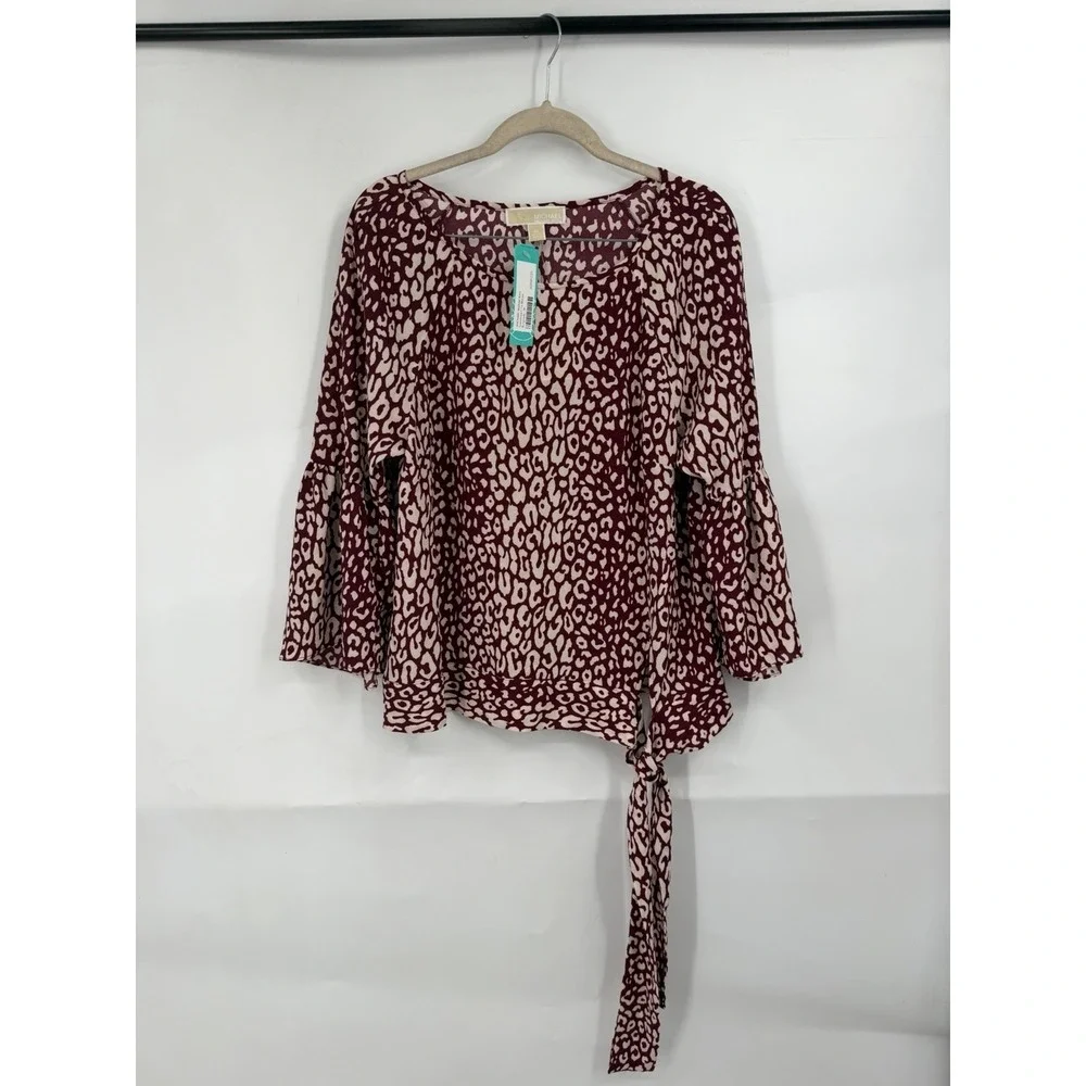 Michael Kors Animal Print Bell Sleeve Blouse Women M Red Leopard Top NEW Boho